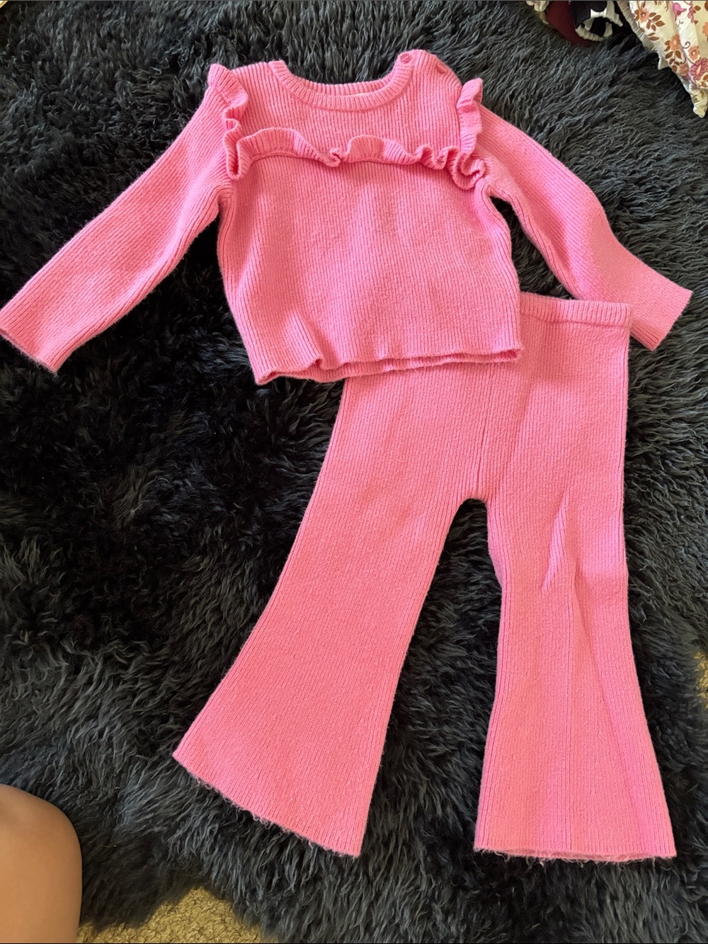 btween Pink Knit Ruffle Top and Flared Pants Kids Matching Set